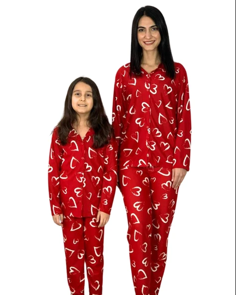 Anne Kız Kombin Önden Düğmeli Bebe Yaka %100 Pamuk Kalp Desenli Pijama Takımı (Kırmızı) ürün görseli