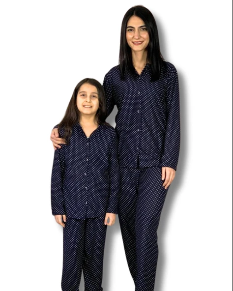 Anne Kız Kombin Önden Düğmeli Bebe Yaka %100 Pamuk Pijama Takımı (Lacivert Noktalı)