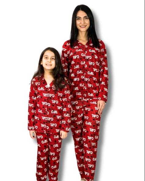 Anne Kız Kombin Önden Düğmeli Bebe Yaka %100 Pamuk Girl Desenli Pijama Takımı (Kırmızı)