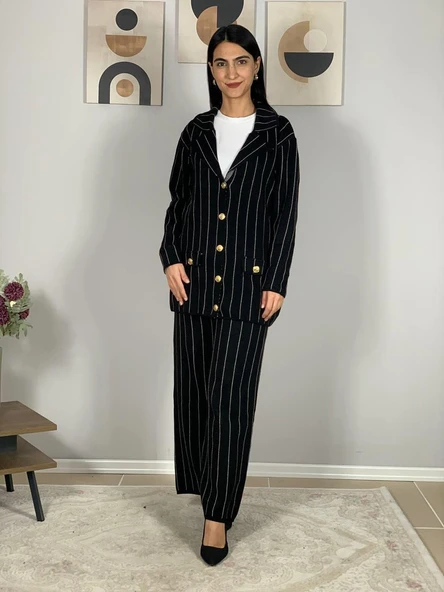 Kadın Ceket Yaka Gold Düğmeli Hırka ve Yüksek Bel Pantolon Alt Üst Triko Takım (Siyah) - 3