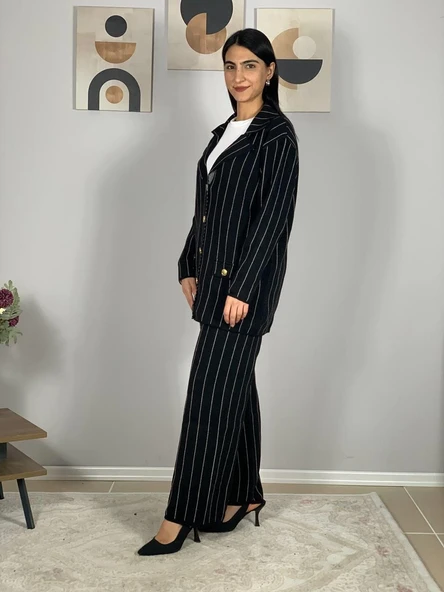 Kadın Ceket Yaka Gold Düğmeli Hırka ve Yüksek Bel Pantolon Alt Üst Triko Takım (Siyah) - 5