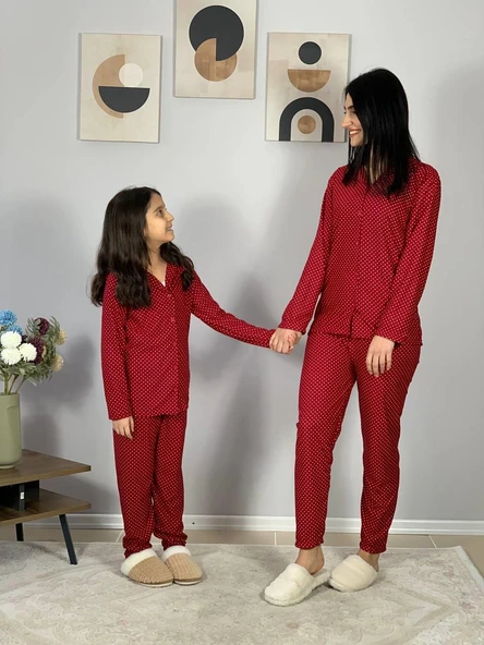 Anne Kız Kombin Önden Düğmeli Bebe Yaka %100 Pamuk Pijama Takımı (Kırmızı Noktalı) - 4