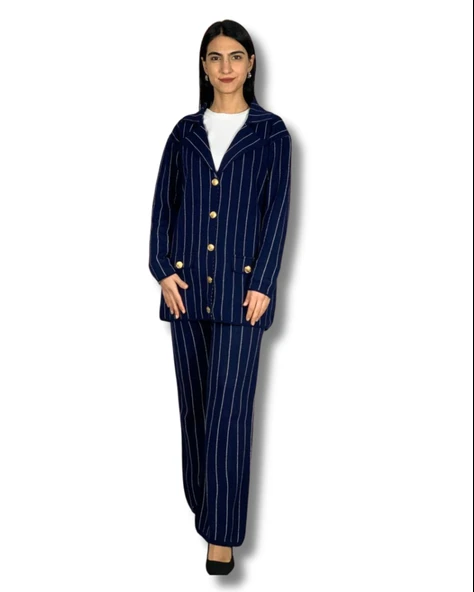 Kadın Ceket Yaka Gold Düğmeli Hırka ve Yüksek Bel Pantolon Alt Üst Triko Takım (Lacivert)
