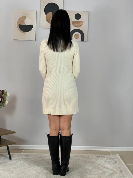 Kadın Mini Fitilli Kışlık Triko Elbise (Krem) - 8