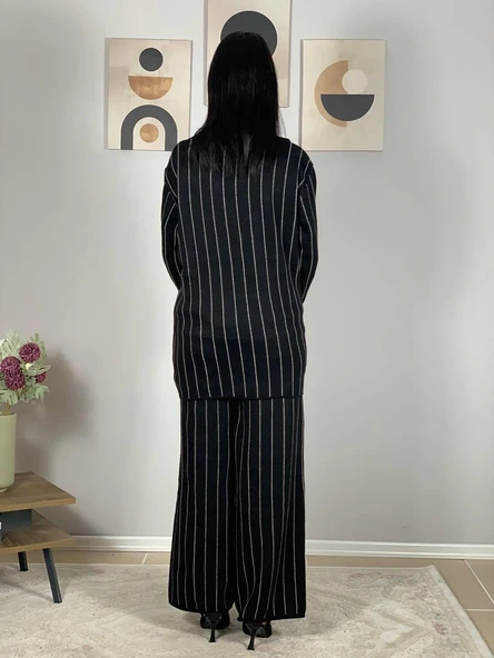 Kadın Ceket Yaka Gold Düğmeli Hırka ve Yüksek Bel Pantolon Alt Üst Triko Takım (Siyah) - 4