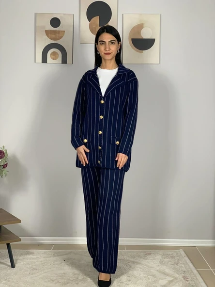 Kadın Ceket Yaka Gold Düğmeli Hırka ve Yüksek Bel Pantolon Alt Üst Triko Takım (Lacivert) - 2
