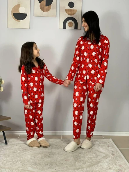 Anne Kız Kombin Önden Düğmeli Bebe Yaka %100 Pamuk Kitty Kedicik Desenli Pijama Takımı (Kırmızı) - Resim 4