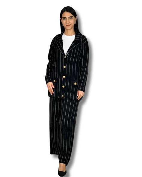Kadın Ceket Yaka Gold Düğmeli Hırka ve Yüksek Bel Pantolon Alt Üst Triko Takım (Siyah)