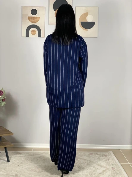 Kadın Ceket Yaka Gold Düğmeli Hırka ve Yüksek Bel Pantolon Alt Üst Triko Takım (Lacivert) - 5