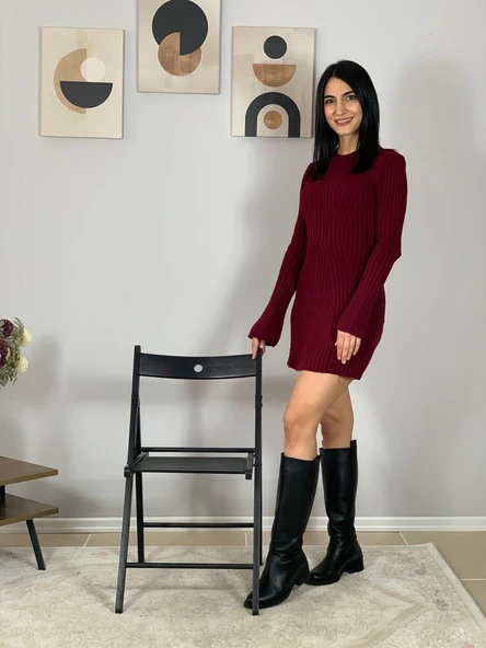 Kadın Mini Fitilli Kışlık Triko Elbise (Bordo) - 5
