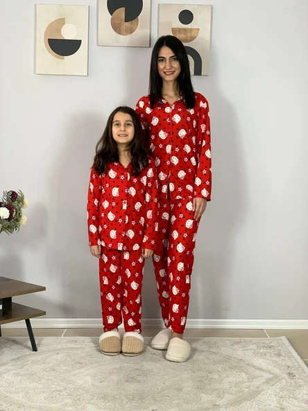 Anne Kız Kombin Önden Düğmeli Bebe Yaka %100 Pamuk Kitty Kedicik Desenli Pijama Takımı (Kırmızı) - Resim 5