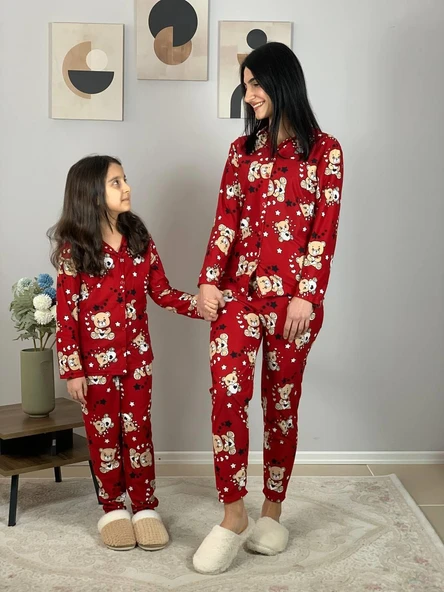 Anne Kız Kombin Önden Düğmeli Bebe Yaka %100 Pamuk Teddy Ayıcık Desenli Pijama Takımı (Kırmızı) - Resim 4