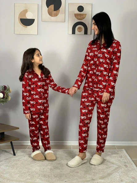 Anne Kız Kombin Önden Düğmeli Bebe Yaka %100 Pamuk Girl Desenli Pijama Takımı (Kırmızı) - Resim 5