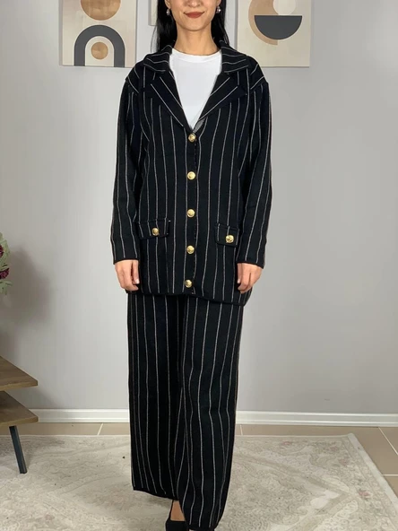 Kadın Ceket Yaka Gold Düğmeli Hırka ve Yüksek Bel Pantolon Alt Üst Triko Takım (Siyah) - 6