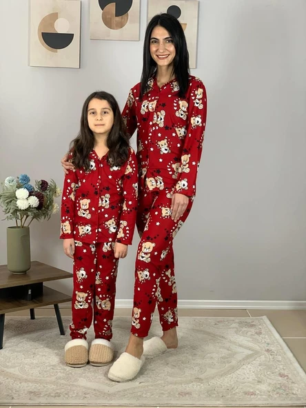Anne Kız Kombin Önden Düğmeli Bebe Yaka %100 Pamuk Teddy Ayıcık Desenli Pijama Takımı (Kırmızı) - Resim 3