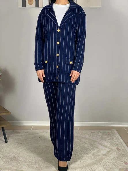 Kadın Ceket Yaka Gold Düğmeli Hırka ve Yüksek Bel Pantolon Alt Üst Triko Takım (Lacivert) - 4