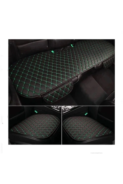 Araba Koltuk Minderi Ön ve Arka Takım 3 parca Koltuk Deri Minder Siyah Deri- Yeşil Nakış ürün görseli 1