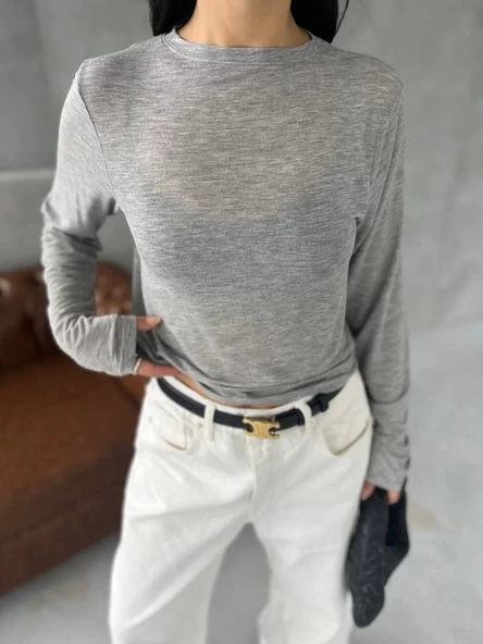 Bisiklet Yaka Uzun Kollu Crop - Gri - 6