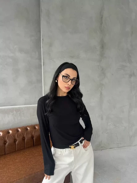 Bisiklet Yaka Uzun Kollu Crop - Siyah - 3