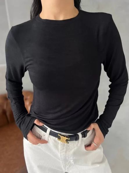 Bisiklet Yaka Uzun Kollu Crop - Siyah - 7