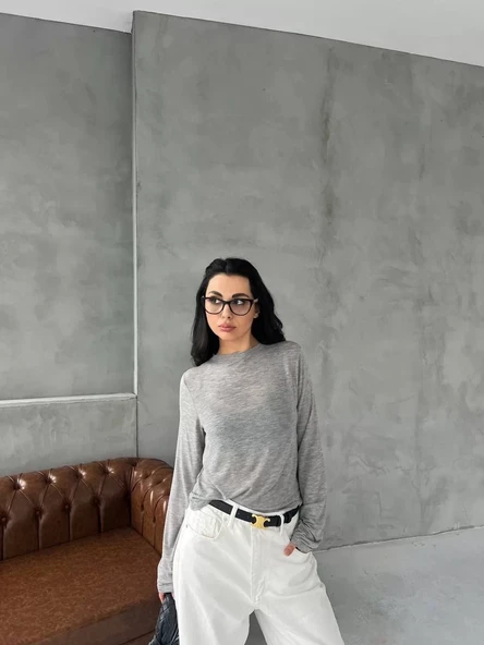 Bisiklet Yaka Uzun Kollu Crop - Gri - 4