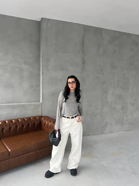 Bisiklet Yaka Uzun Kollu Crop - Gri - 3