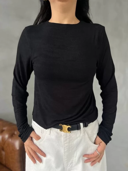 Bisiklet Yaka Uzun Kollu Crop - Siyah - 2