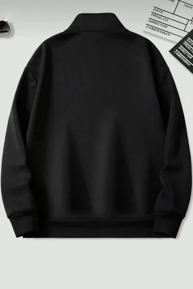 Dik Yaka Yarım Fermuarlı Düz Kazak Sweatshirt - 4