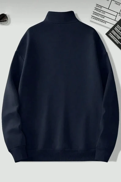 Dik Yaka Yarım Fermuarlı Düz Kazak Sweatshirt - 2