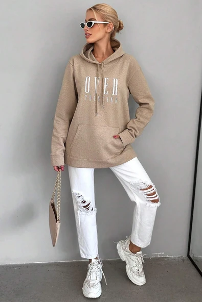 Kapüşonlu Baskılı  Pamuklu Oversize Sweatshirt - 3