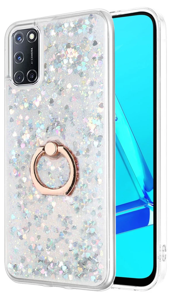 Oppo A92 Kılıf Yüzüklü Standlı Korumalı Şeffaf Simli Pullu