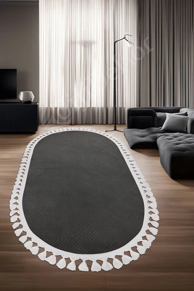 Avangard Oval Halı Pramit Antrasit Salon Koridor Antre Mutfak Halısı Silinebilir Saçaklı