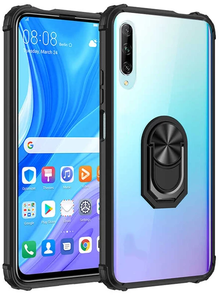 Huawei P Smart Pro 2019 Kılıf Yüzüklü Standlı Zırh Silikon Şeffaf