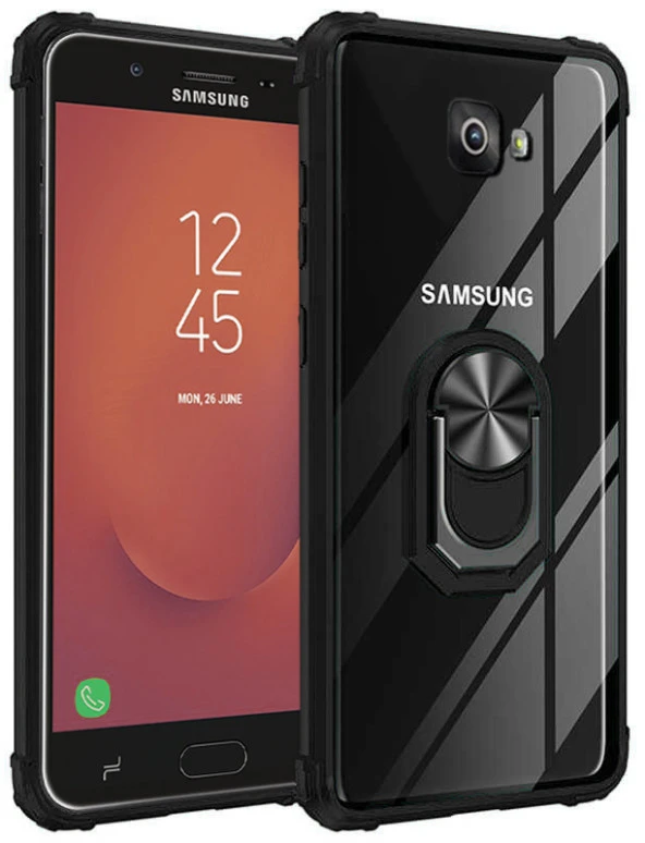 Samsung Galaxy J7 Prime Kılıf Yüzüklü Standlı Zırh Silikon Şeffaf