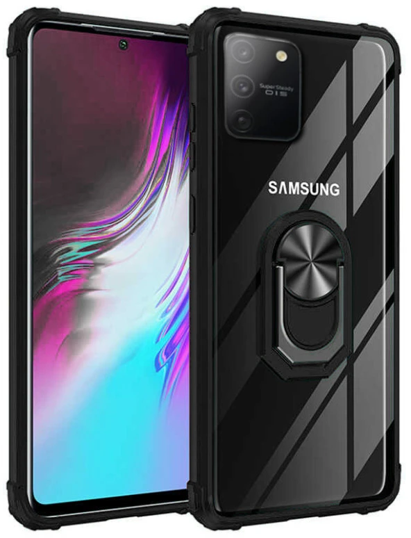 Samsung Galaxy A91 (S10 Lite) Kılıf Yüzüklü Standlı Zırh Silikon Şeffaf