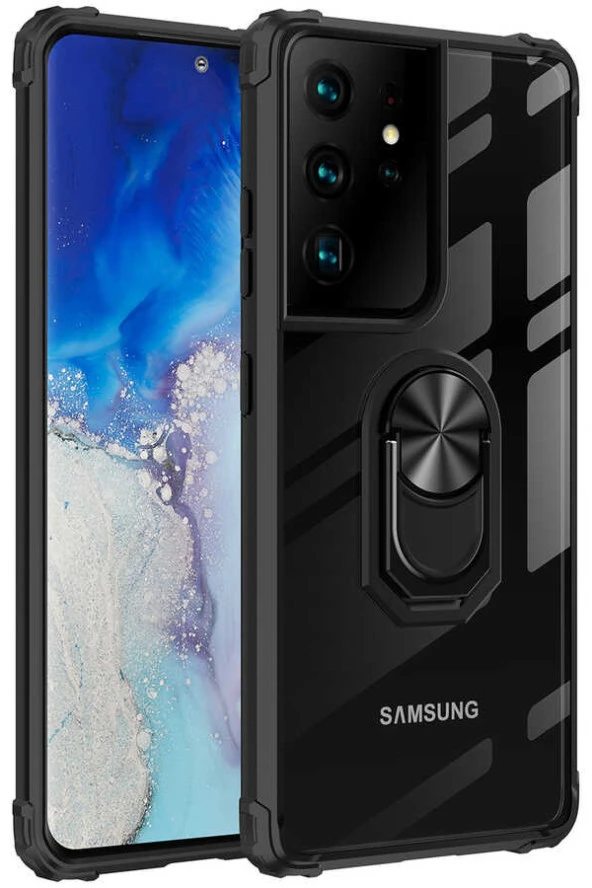 Samsung Galaxy S21 Ultra Kılıf Yüzüklü Standlı Zırh Silikon Şeffaf