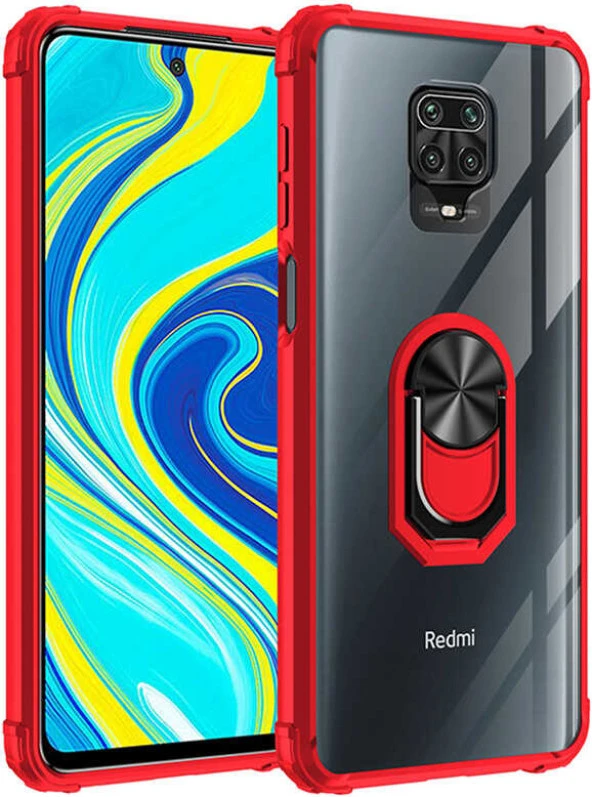 Xiaomi Redmi Note 9 Pro Kılıf Yüzüklü Standlı Zırh Silikon Şeffaf