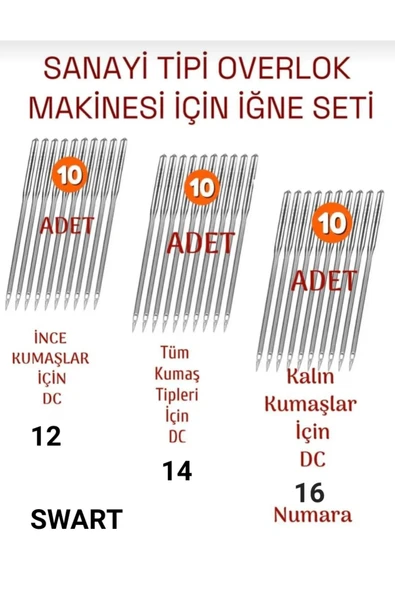 Swart  SANAYİ OVERLOK İGNE SETİ SİNGER JUKİ BROTHER TYPİCAL KONFEKSİYON TERZİ  12-14-16 NUMARA 30 ADET.