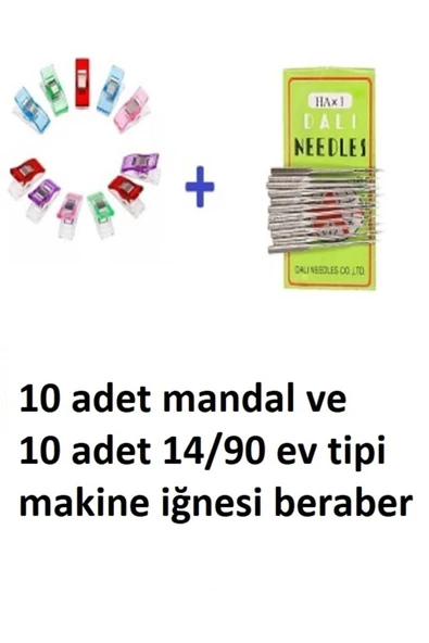 Bluemix  Dikiş Nakış Plastik Klips Tutucu Mandal (RENKLİ 10 ADET)- Dali Ev Tipi Makine Iğnesi 14/90 10 Adet