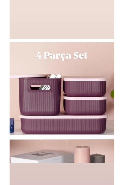 4'lü Mor Storage Set - Kapaklı Banyo Organizeri Çok Amaçlı kutu Saklama Kabı 3 Boy