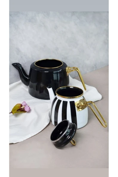 Retro Emaye Siyah Çizgili Çaydanlık 201344 - Emaye Demlik Seti Altın Kulp - Resim 2