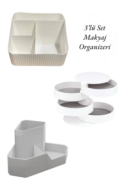 3 Parça Kozmetik Düzenleyici Makyaj Organizer Set- Fırçalık Kalemlik Takı Kutusu - Resim 2