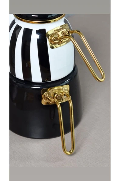 Retro Emaye Siyah Çizgili Çaydanlık 201344 - Emaye Demlik Seti Altın Kulp - Resim 4
