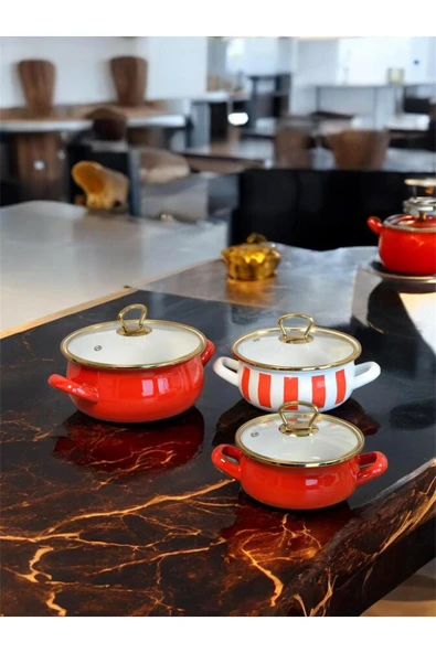 9 Parça Kırmızı Çizgili Emaye Çeyiz Seti - Resim 3