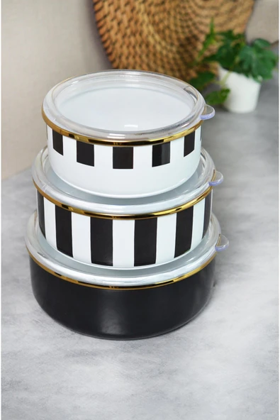 Emaye 3'Lü Siyah Çizgili Saklama Kabı 201336 - Resim 2