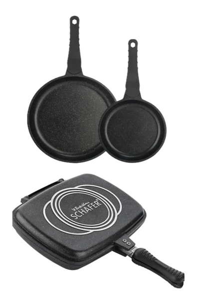 3 Parça Famos Double Grill Pan Tava Set- Çeyiz Seti All İn One