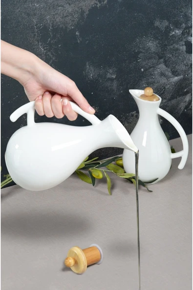 Fiona 700 Cc 2'li Porselen Yağlık Seti - Bambu Kapaklı Yağdanlık sirkelik set - Resim 4