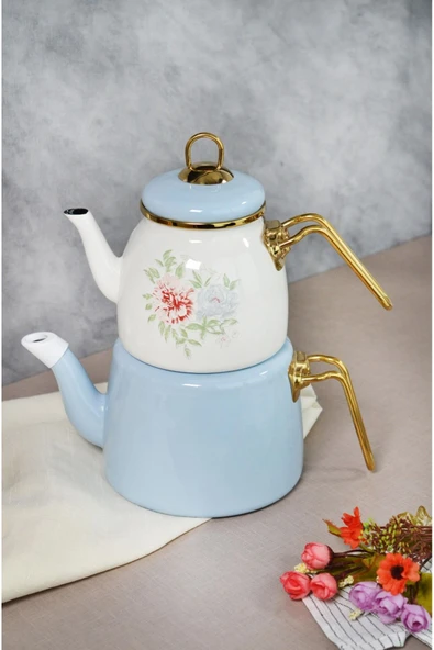 Emaye Çaydanlık Clodia Mavi Çiçekli Retro Çaydanlık 201339