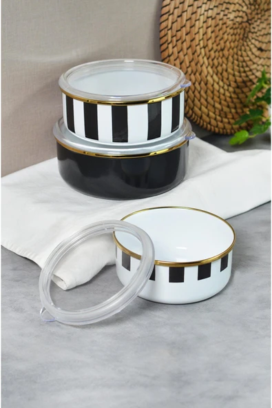 Emaye 3'Lü Siyah Çizgili Saklama Kabı 201336 ürün görseli