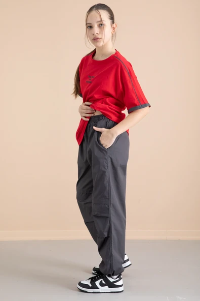 Füme Kız Çocuk Paraşüt Pantolonlu 2li Takım 20390 - 3